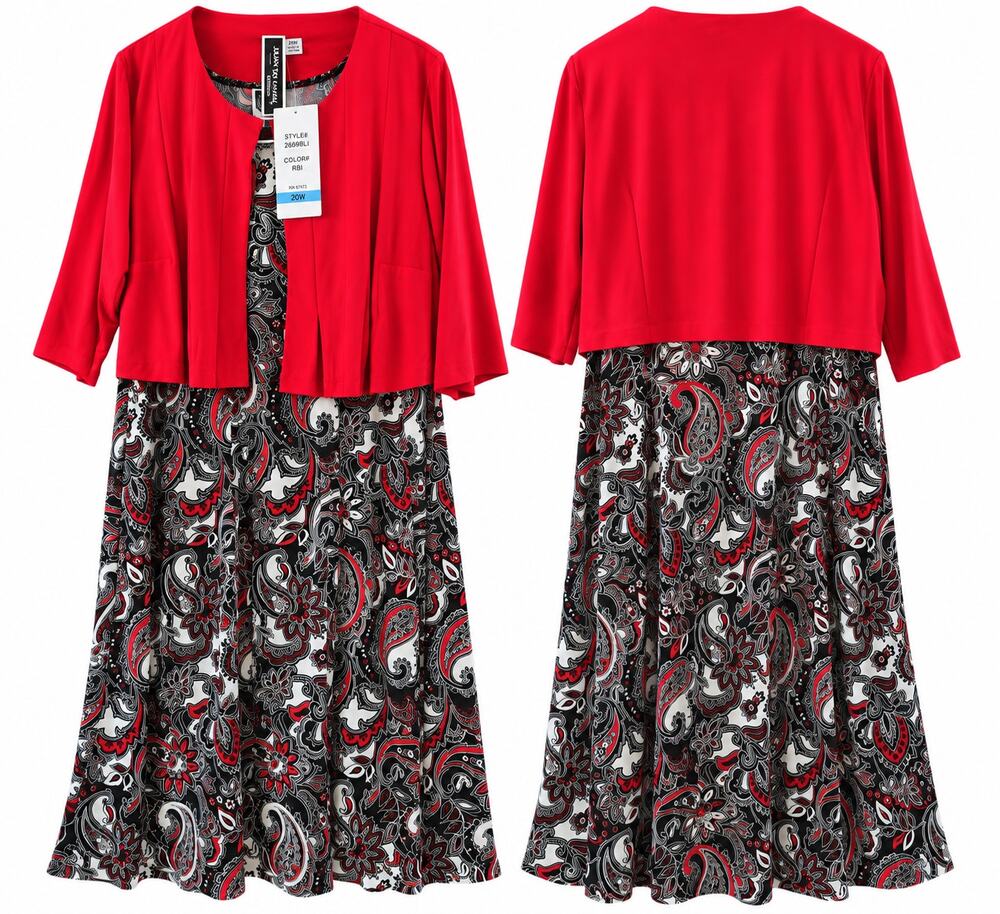 Julian Taylor Plus 20W 2PC Midi Dress Jacket Set Red Black Paisley Fit Flare NWT
